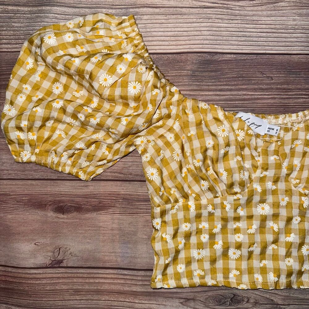 Petal & Pup Gingham Daisy Floral Midle Puff Sleeve Corset Crop Top Size 2 - Picture 2 of 8